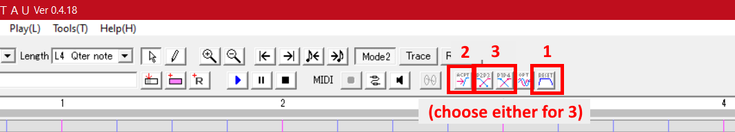 toolbar with buttons to press: 1: RESET, 2: ACPT, 3: P2P3 or P1P4